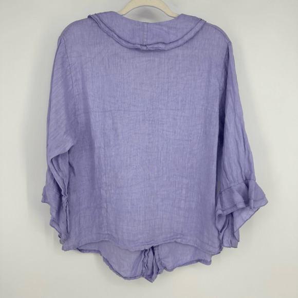 Womens 100% linen 3/4 Sleeve Button Front Blouse Size M Purple Ruffles Fairy - Picture 11 of 12